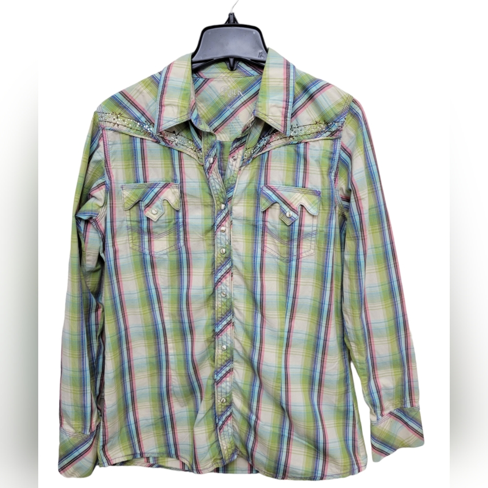 Rock 47 Women Long Sleeve Plaid, Pearl Snap Buttons, Size L